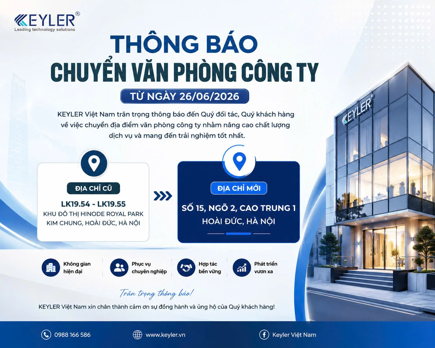 THÔNG BÁO THAY ĐỔI ĐỊA CHỈ VĂN PHÒNG LÀM VIỆC – SHOWROOM KEYLER VIỆT NAM