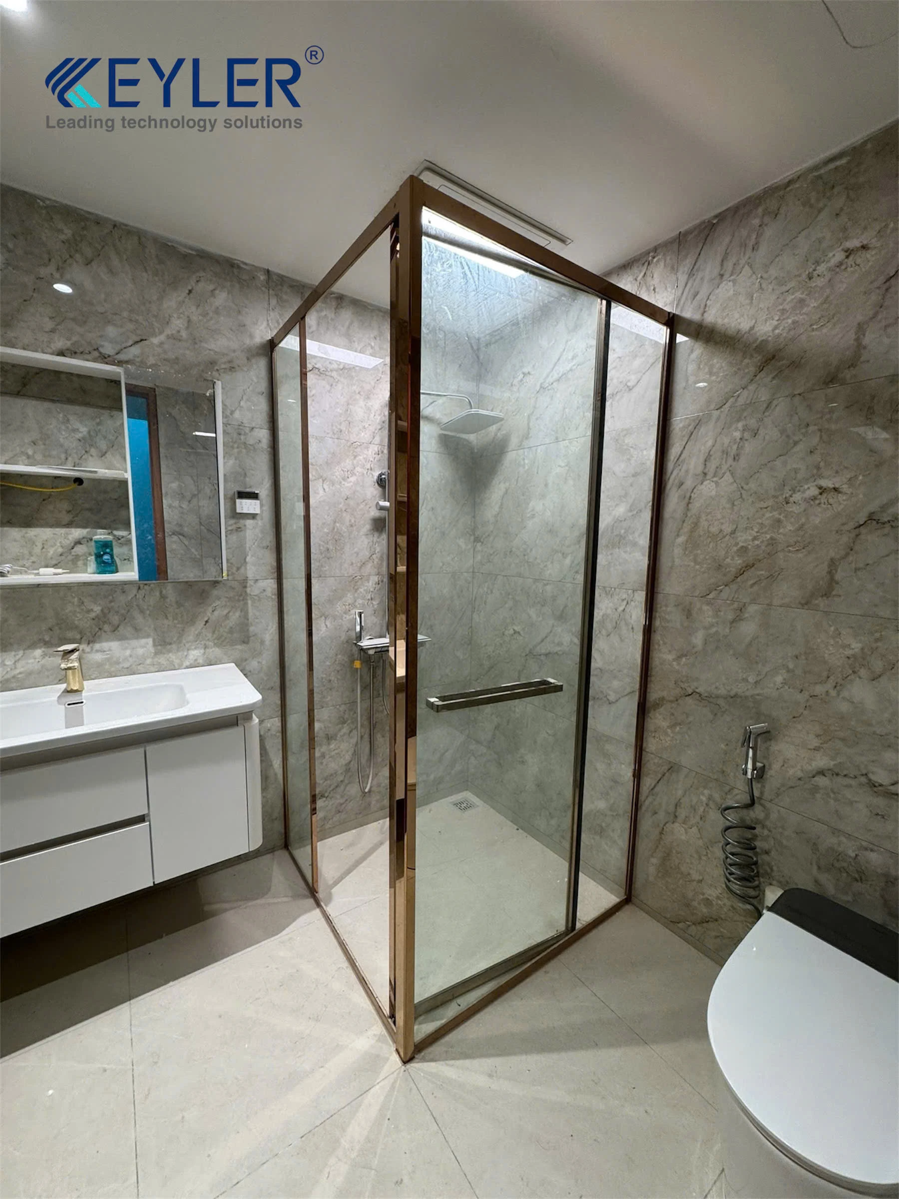 HỆ CABIN TẮM KÍNH CAO CẤP KL-5030 – GÓC 90° MÀU VÀNG HỒNG SANG TRỌNG